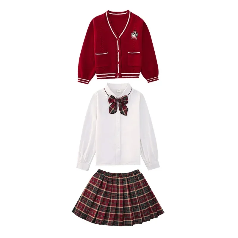 JK Uniform Cardigan Plaid Skirt Three Piece Set 2024 Autumn College Style Set Skirt Children's Sweater Skirt Set Girls Clothes