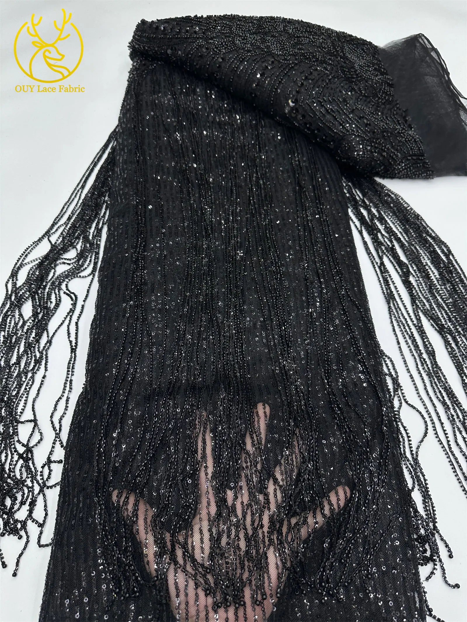 Goldener Afrikanischer Nigerianischer 3D-Perlen-Spitzenstoff 5 Yards Französischer Pailletten-Tüll Stickerei-Kleiderstoff für Damen Party Hochzeit Kleid Nähen – Detail 23