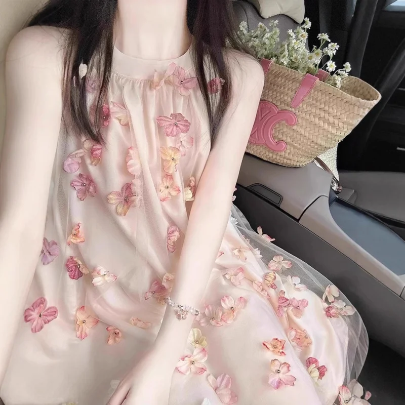 

Французское романтическое платье без рукавов с лямкой на шее для женщин, летнее милое платье для девочек, миниатюрное пляжное платье для отдыха и атмосферы