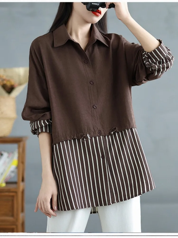 Oversized Autumn Shirts Tops Women Striped Print Patchwork Fashion Ladies Blouses Casual Loose Long Sleeve Woman Shirt Tops