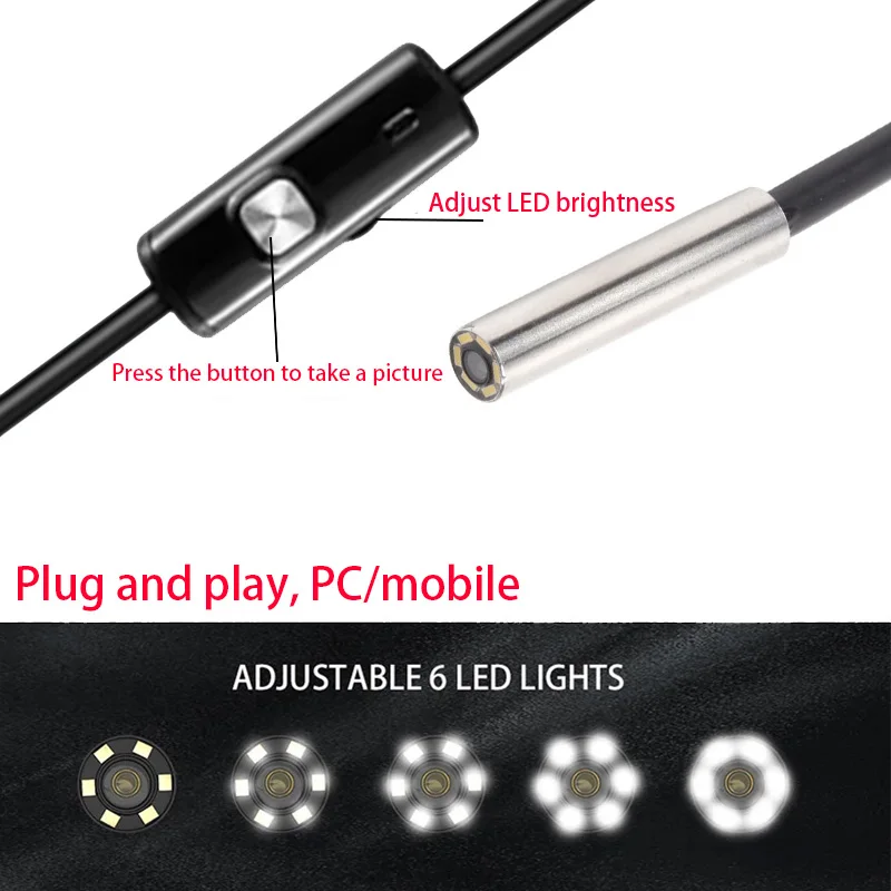 كاميرا بالمنظار USB 3 en 1، 5.5 مم، 1080P IP67، 6 أطواق LED، أندرويد، منظار داخلي مرن، هاتفونال وما إلى ذلك