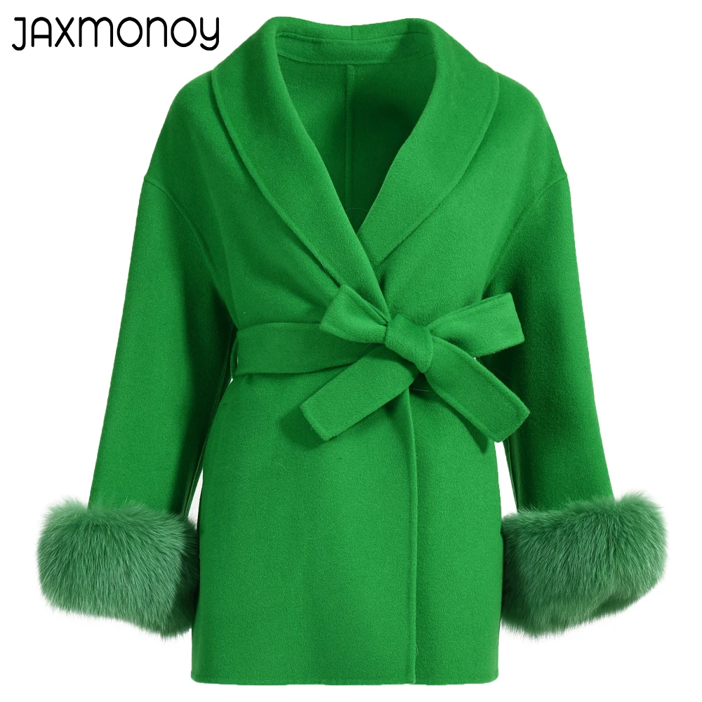 

Jaxmonoy Women's Cashmere Coat Real Fox Fur Cuffs Ladies Autumn Winter Medium Length Belt Solid Color Trench Outerwear Female