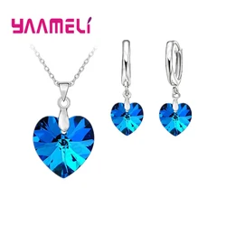 Romantic Clearly Austrian Crystals 925 Sterling Silver Jewelry Sets Heart Pendant Necklaces Lever Back Earring For Woman