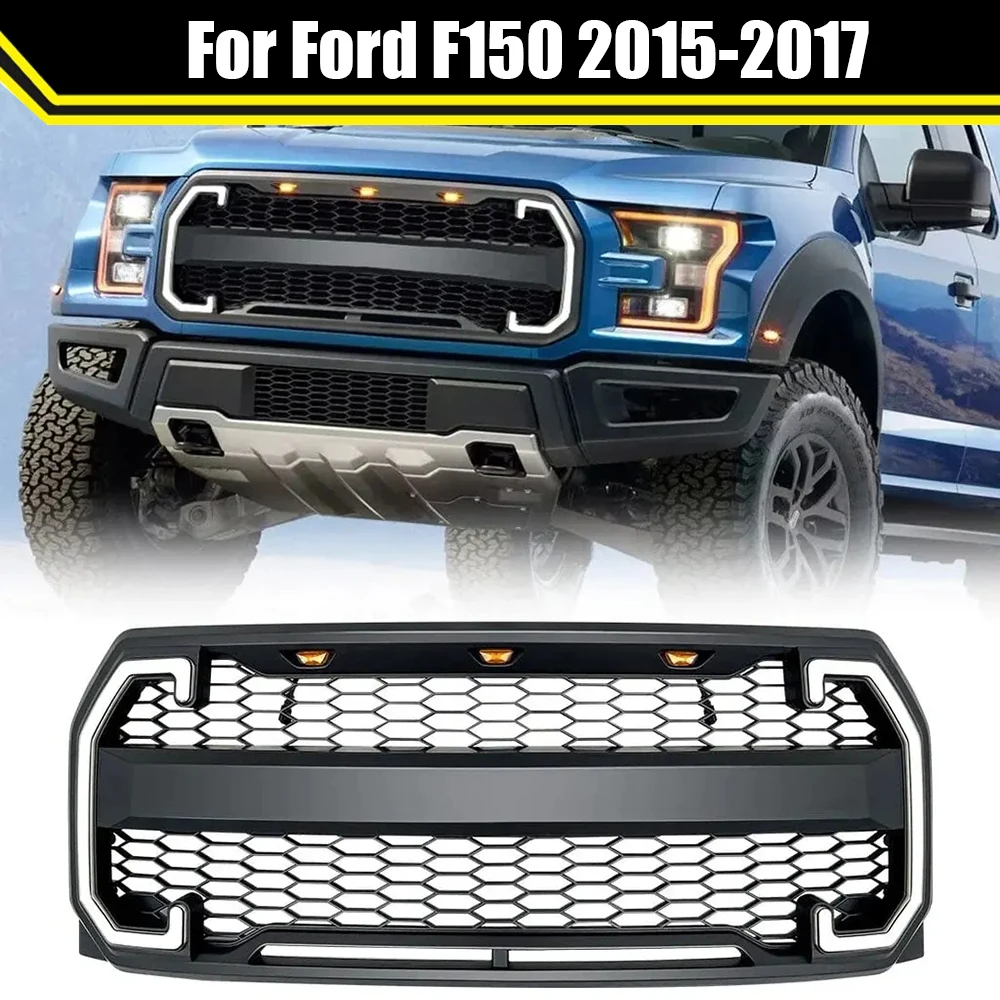 Raptor Style Mesh Grille With DRL & Turn Signal Lights Matte Black For Ford F150 2015-2017 Racing Grill Front Grills Guard Grid