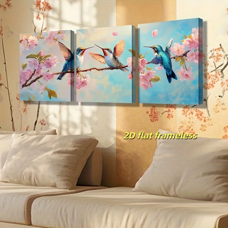 3-piece set of printed canvas posters depicting vivid hummingbirds, perfect for decorating your home, living room, or office in