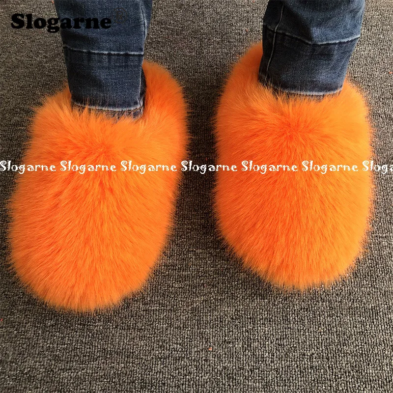 Women Faux Fox Fur Slippers Warm Plush Slides Girls Luxury Furry Shoes Home Cotton Shoes Outdoor Fur Slide Fashion Winter Shoes