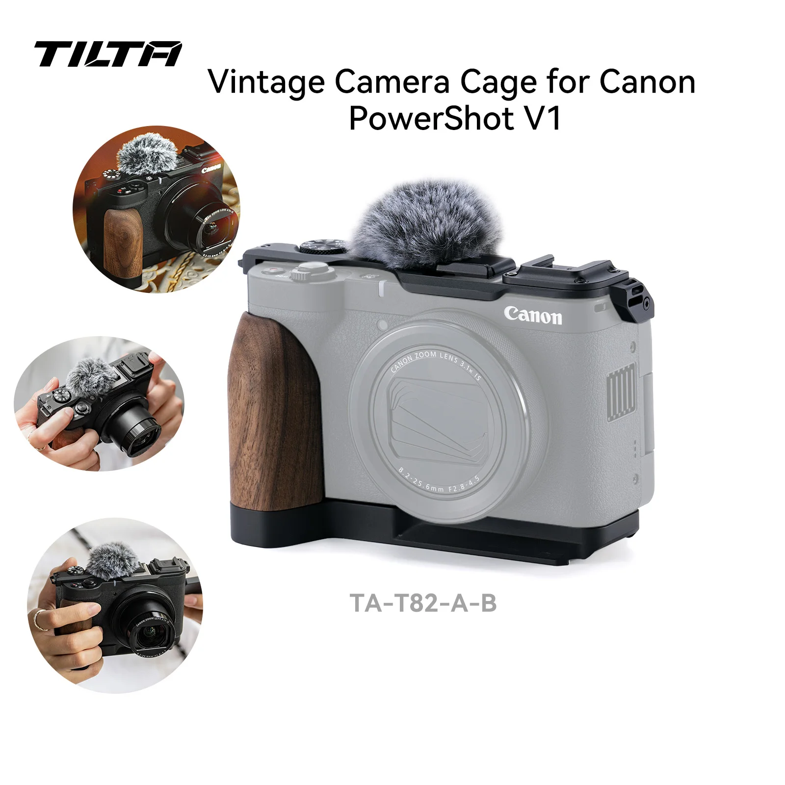 Image of TILTA Vintage Kamerakäfig für Canon PowerShot V1 Basis-Kit – schwarze Mikrofon-Windschutzscheibe, obere Platte, Montage-Grundplatte mit Holz