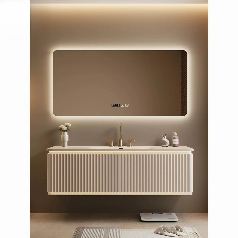 Luz de luxo madeira maciça integrado inteligente espelho armário do banheiro combinação lavatório do banheiro armário