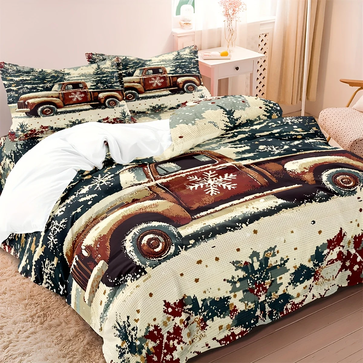 

3pcs Vintage Christmas Pickup Truck Bedding Set, Christmas Car Print Duvet Cover Set (1*Duvet Cover + 2*Pillowcases