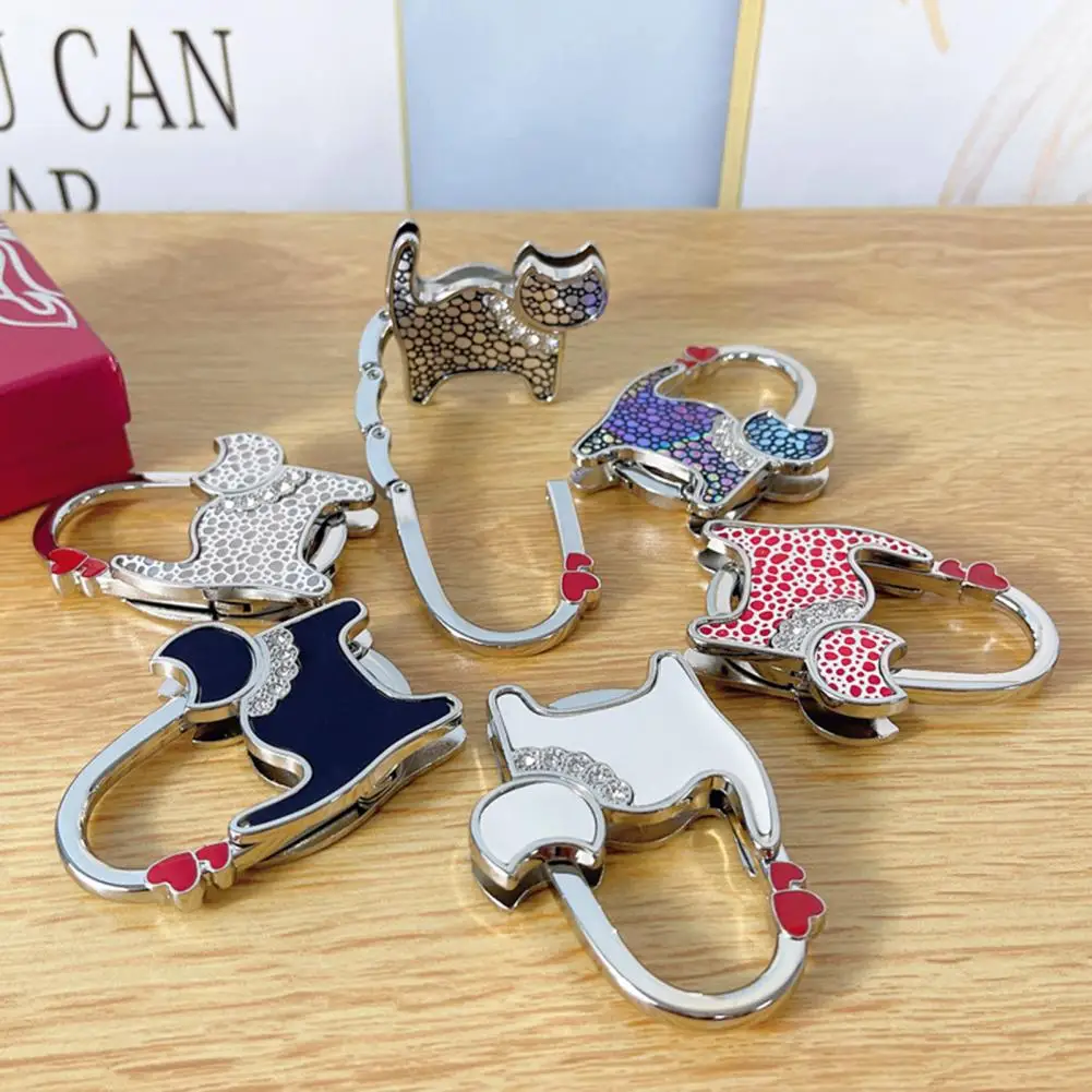Foldable Bag Hook Cat-Shaped Bag Hook with Shiny Rhinestones Decor Non-Slip Base Foldable Desk Edge Handbag Hanger Keychain