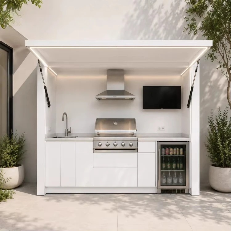 Modern Backyard Outdoor BBQ Kitchen Island With Motorized Lift Up Roof And Built In Sink Fridge Grill