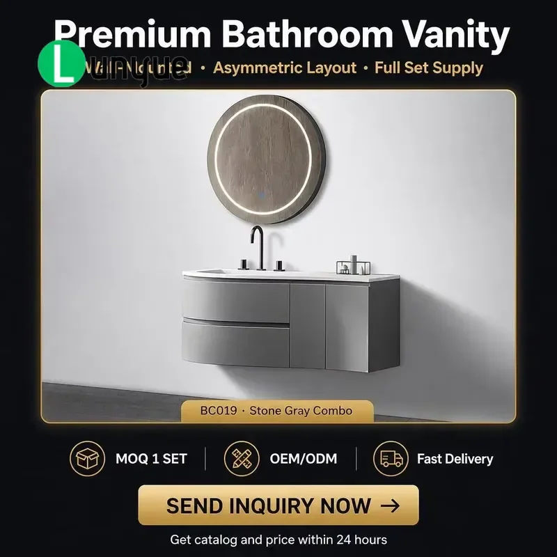 Curved Wave Floating Bathroom Sink Set Silver Gray Glossy Solid Surface Plywood Round Wood Frame LED Mirror Wall Mounted