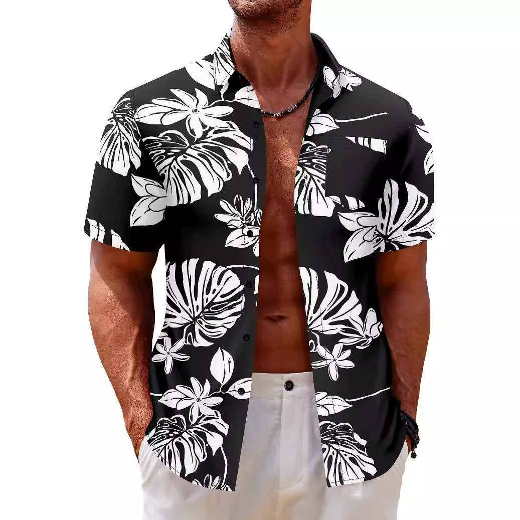 2025 Summer Short Sleeved Shirt, Casual Button Up Collar Top, Loose Digital Printed Shirt, Trendy Vacation Men's Clothing