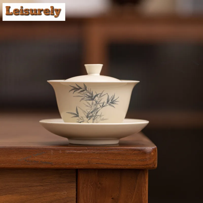 

Plant Ash Hand-painted Bamboo Gaiwan Vintage Tea Tureen Tea Bowl with Lid Kit Tea Maker Cover Bowl Tableware Supplies Decoration