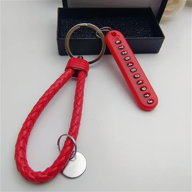 Custom Keychain with Phone Number for House Keys Personalized Key Ring Woven Leather Rope Anti-lost Car Key Chain Charm Gift