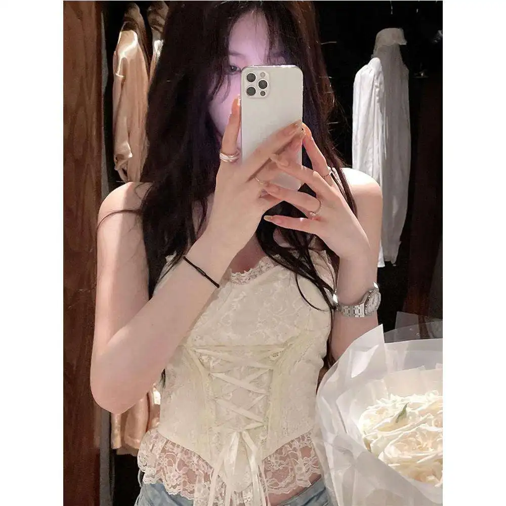 

Sexy Sweet Spicy Fibone Lace Crop Top Women's Csole Vest Inner Wear with Chest Pad Design Sensual Pure Desire