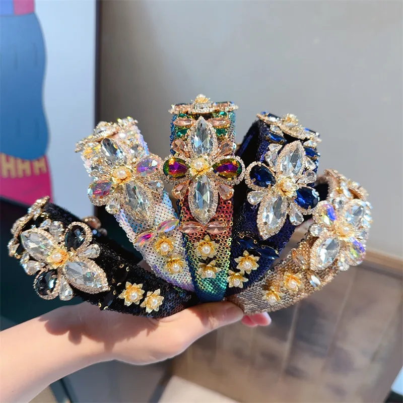 

Европейская и американская французская тяжелая повязка на голову с блестками и кристаллами и стразами, роскошная тканевая повязка на голову, женские аксессуары для волос