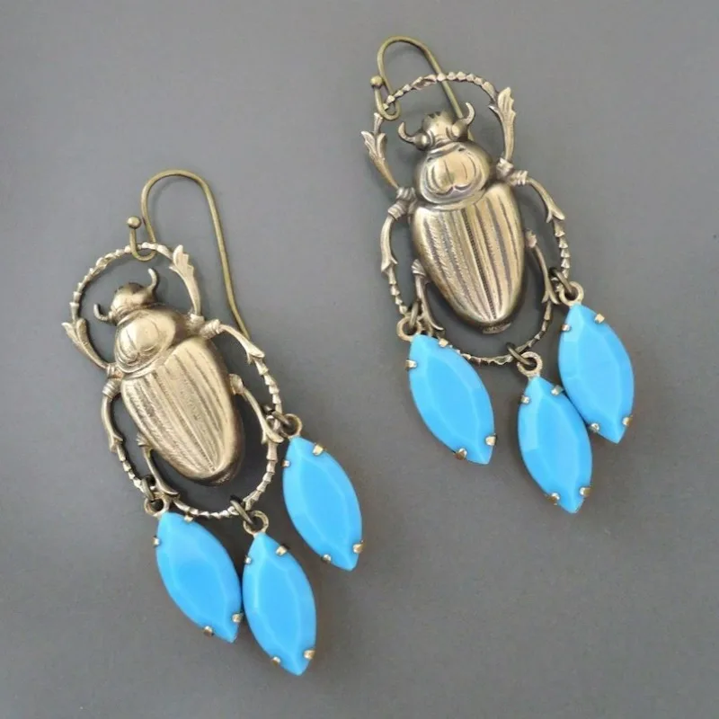 Vintage Jewelry - Scarab Earrings - Egyptian Jewelry - Turquoise Blue Earrings - Rhinestone Earrings - Brass Earrings