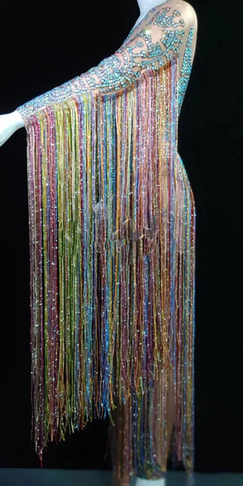 Glisten Crystals Jumpsuit Sexy Long Multi-colored Tassel Rhinestones Bodysuit Women Nightclub Outfit Singer Stage Dance Costume