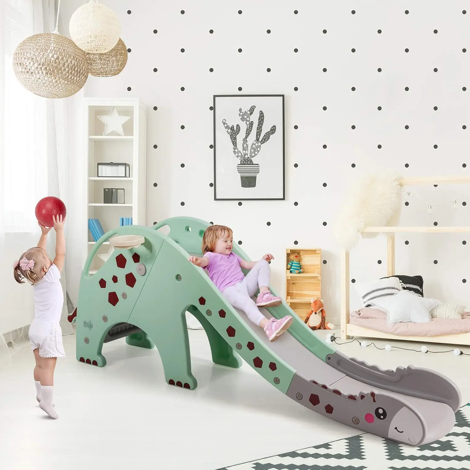 幼児用滑り台クライマーセット、バスケットボールフープ、長い滑り台、囲まれた階段付き、1～8歳のお子様向け、屋内外遊び用