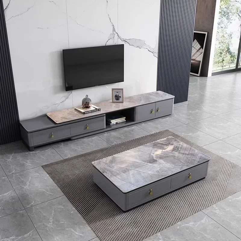 

Rock-panel Coffee Table TV Cabinet Modern Simple Living Room Floor-standing Cabinet Retractable Solid Wood TV Cabinet