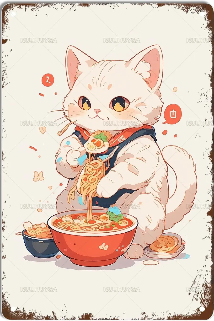 Metal Tin Sign A Kawaii Cat Eating Noodles Iron Painting Home Family Lovers Gift Funny Bedroom Novelty Retro Parlor Courtyard