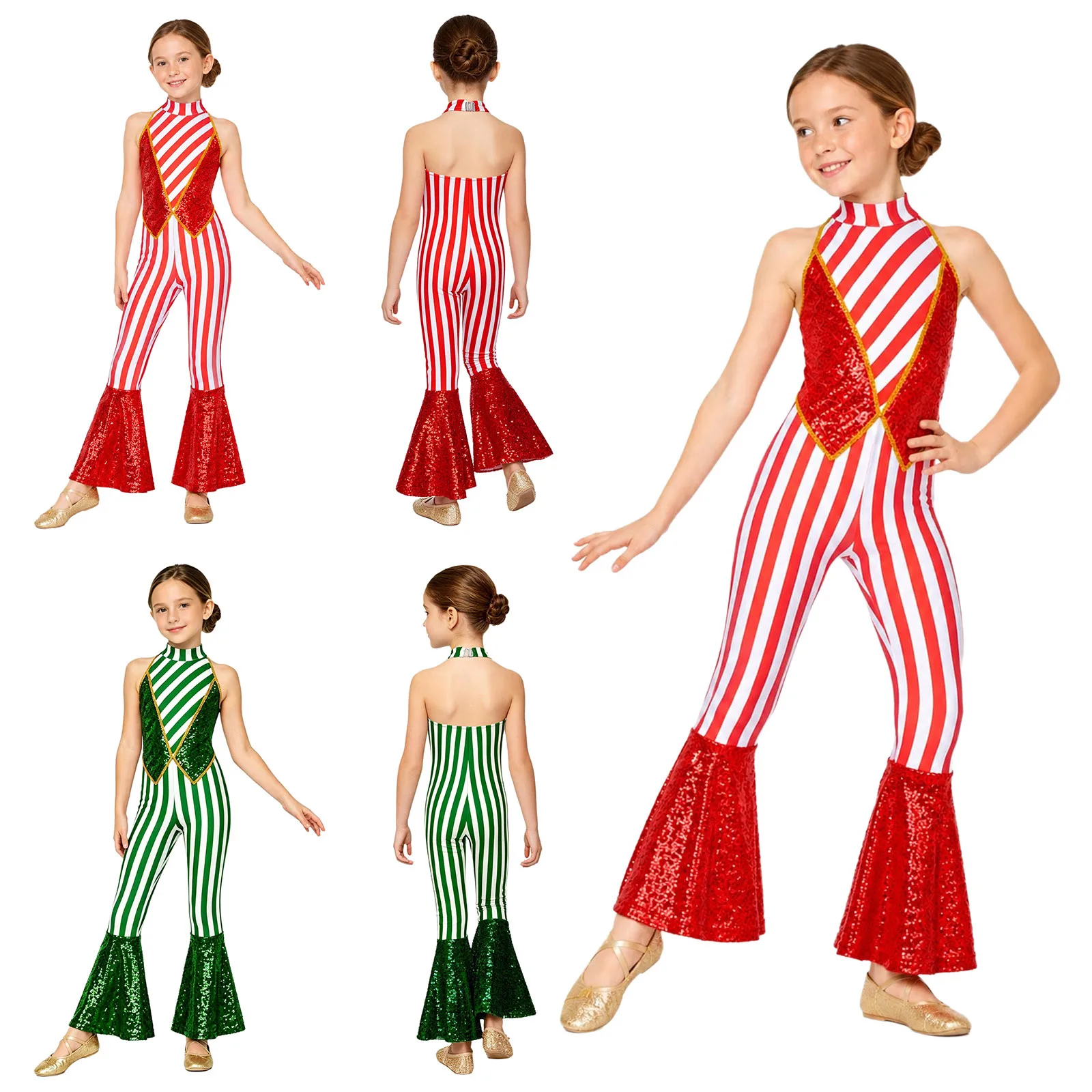 Kids Girls Christmas Candy Cane Striped Unitard Halter Backless Shiny Sequin Bell-bottom Jumpsuit Ballet Dance Gymnastic Leotard view 5