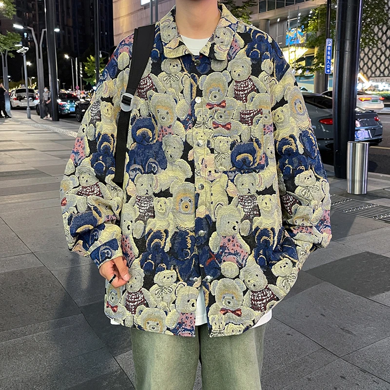 

Bear Print Long Sve Men's irt American Sle Oversize Spring Autumn Casual Faion Youthful Trendy Button up Cotton Top