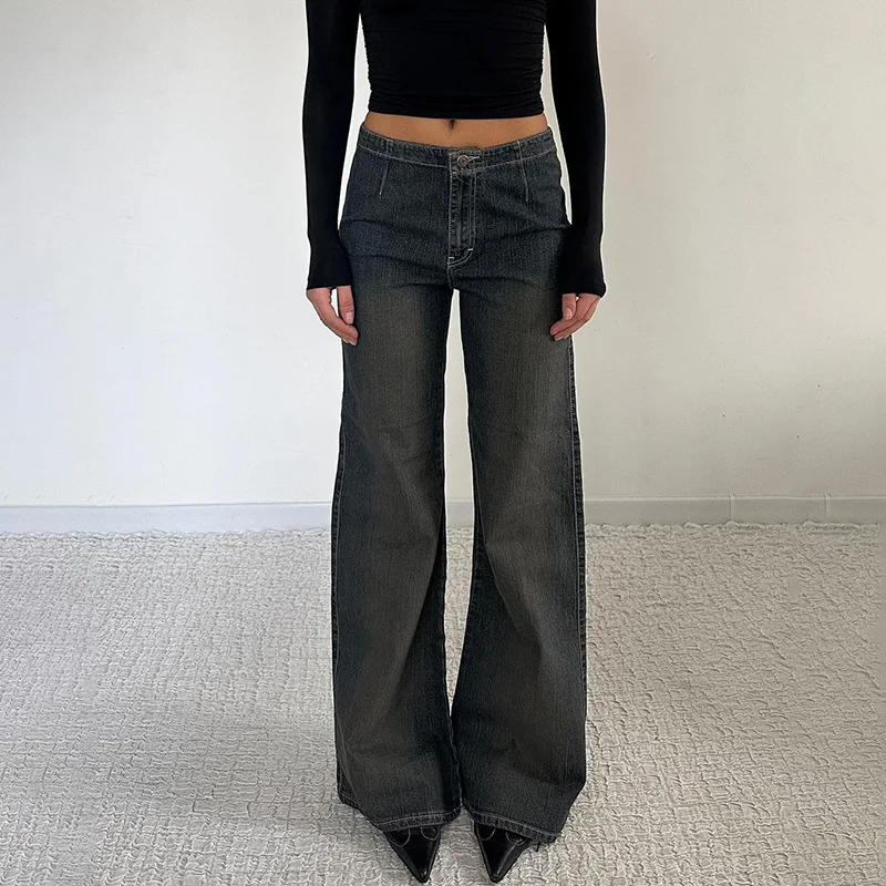 

2025American Street Retro Blue Distressed Loose High-Waisted Straight Slimming Jeans Hot Girl Pleated Casual Wide-Leg Pants