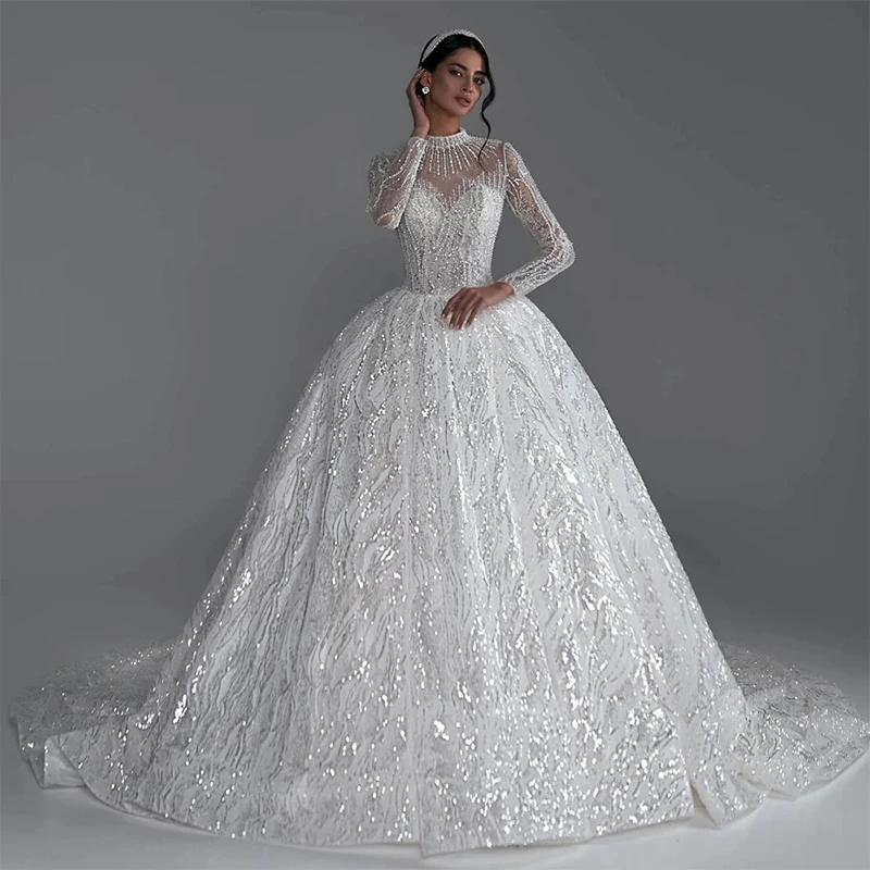 Fully Beaded Wedding Dress Beading With Ball Gown Glitter High-Neck Full Sleeve Customized Bride Dress Button Vestido De Novia