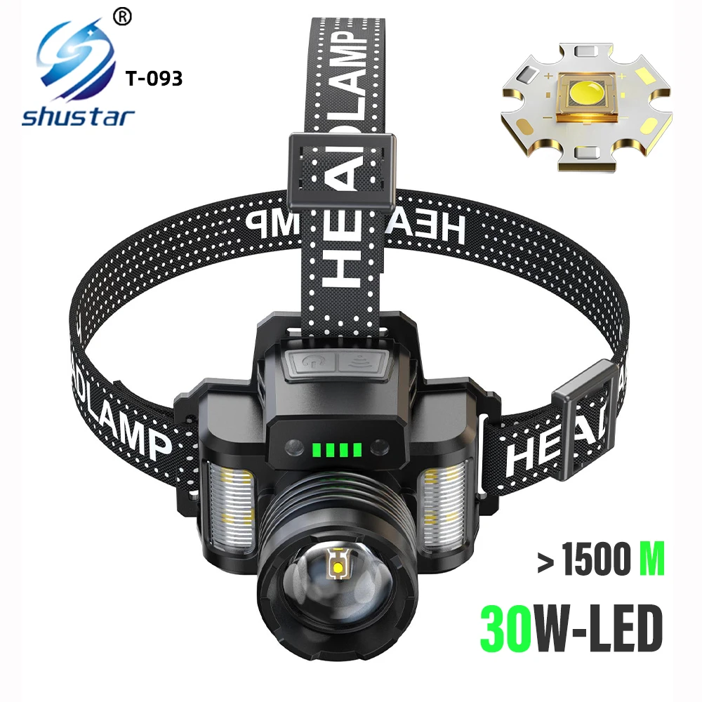 Rechargeable High-power Fishing LED Headlamp Headlight with 30W Lamp Beads and Infrared Sensors + Three-source Side Lights