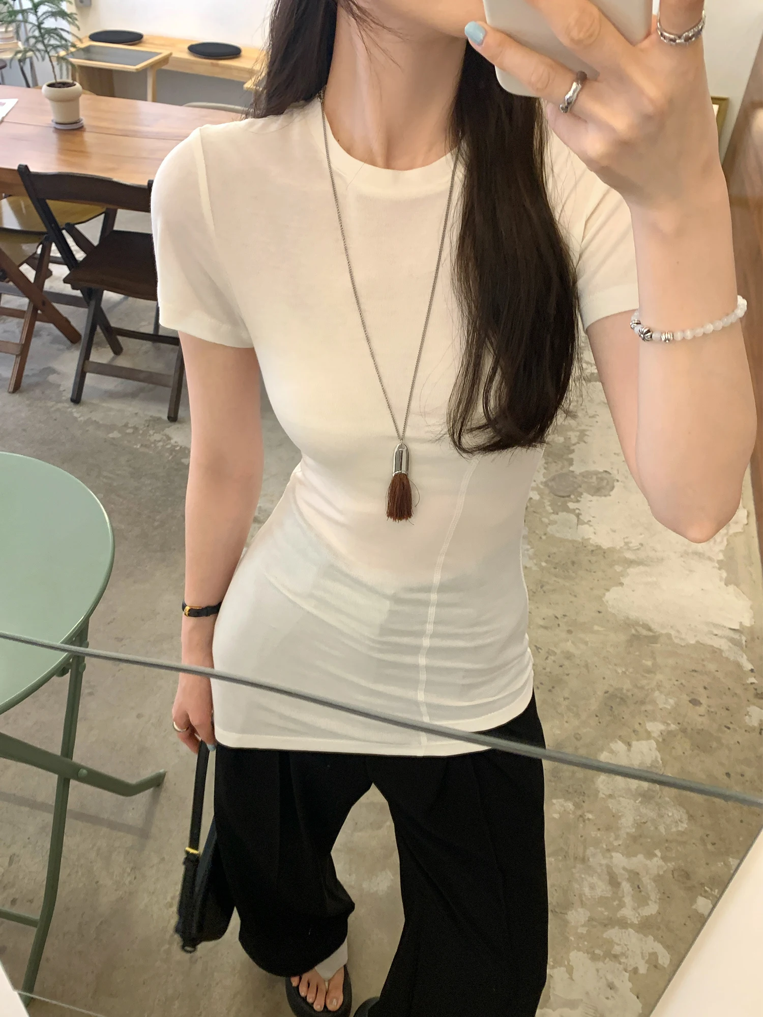 Chic Grey round Neck Short Sleeve T-Shirt Women's Slim Fit Shoulder High Lycocell Korean Style Inner Wear Top Summer New