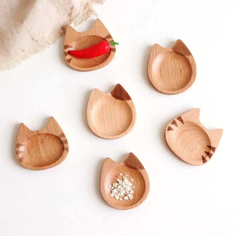 New Mini Cat Shape Dish Wooden Kitchen Tools Wooden Flavoring Sushi Mustard Plate Cartoon Desktop Cat-shaped Sauce Dish