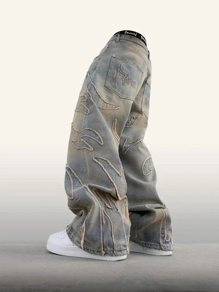 

2024 American New Fashion Patch Baggy Casual Jeans For Men And Women Y2K High Street Harajuku High Waist Wide Leg Denim Trousers