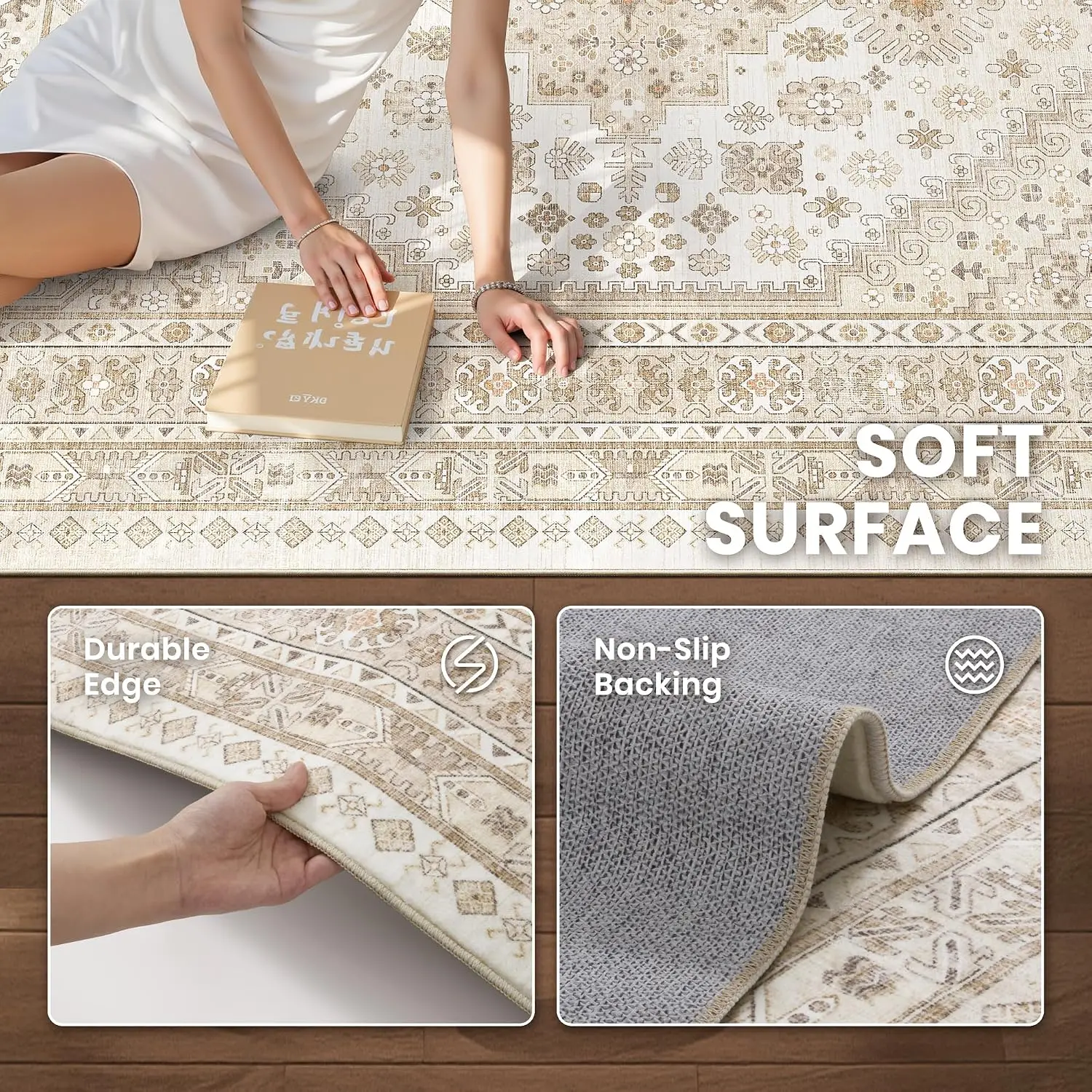 Large Round Boho Area Rug Cream Beige Moroccan Vintage Pattern Plush Floor Mat Living Room Decor Soft Cushion Carpet Accent Rug - view 5