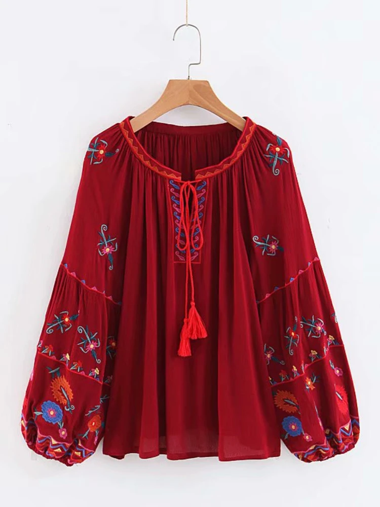 Vintage Chic Women Tassel Bohemian Floral Embroidery Beach Kimono Blouse Shirt Long Sleeve Loose Boho Shirts Blusas