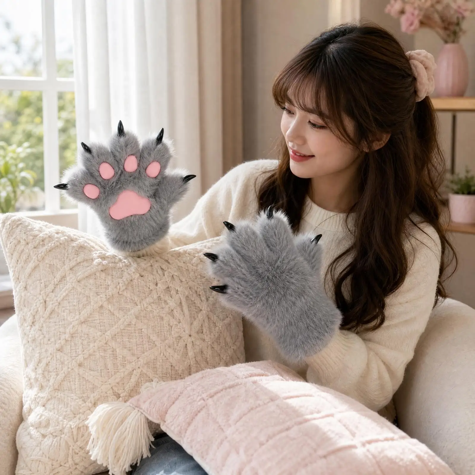 Furry Cat Paw Costume Gloves for Cosplay Animal Paws with Soft Pad Detailing Plush Fleece for Themed Events and Performances