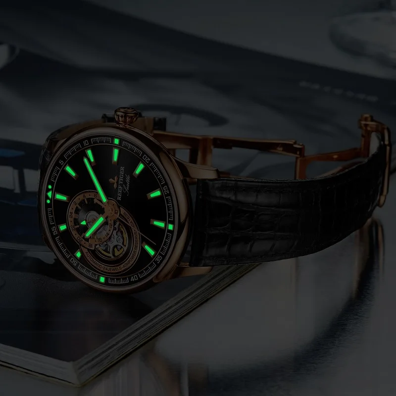 Reef Tiger/rt For Mens Watch Tourbillon Wristwatch Male Automatic Mechanical Skeleton Hollow Transparent Dial Relogio Masculino