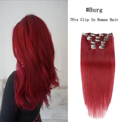 Burg doczepiane włosy dla białych kobiet Podwójny wątek Clip-On HairPiece Clip In Human Hair Extensions Red 100% Remy Hair 7Pcs