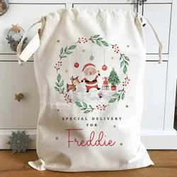 Personalised Custom Santa Sack with Wreath Christmas Stocking for Kids Boys Girls Toy Bag Merry Xmas Eve Decoration Present Bag