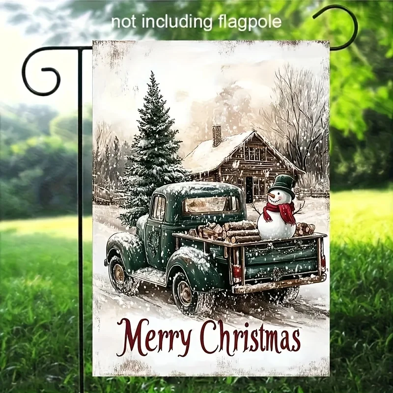 1pc Christmas Theme Garden Flag, 12×18 Inches, Vintage Green Truck, Snowman with Hat and Scarf, Christmas Tree, Snowy Cabin, Bottom Text 
