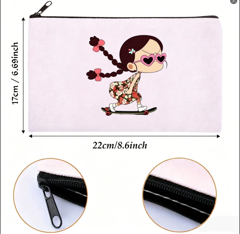 1PC Double-sided Canvas Pouch Cool Skateboarding Girl Print Zipper Cosmetic Storage Bag