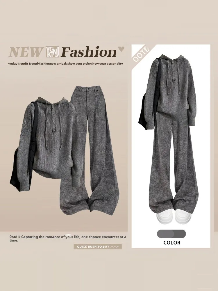 Set coreano lavorato a maglia Sle ey Set invernale da donna con cappello pigro, felpa a vita alta, pantaloni a gamba dritta, set sciolto in due pezzi