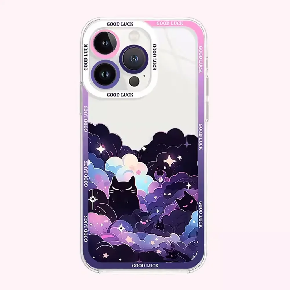 Cute Cartoon Black Cat Art Phone Case for IPhone 16 15 14 13 12 11 Pro Max Mini XS X 7 8Plus Clear Soft Cover Funny Animal Funda