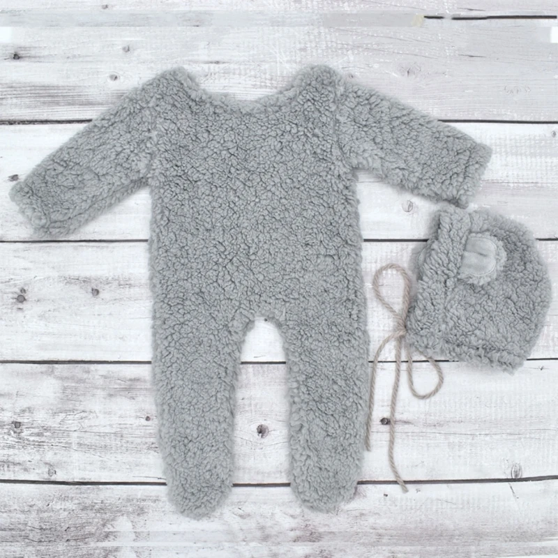 Baby Photo Shooting Props Berber Fleece Bear Ear Hat & Jumpsuit Set Newborn Photo Props Infant Photography Outfit 2PCS