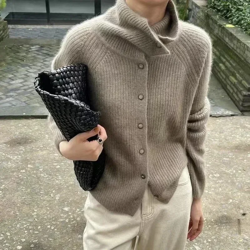 2024 Turtleneck Cardigan Ladies sweater Autumn and winter loose thickened sweater knitted coat tide