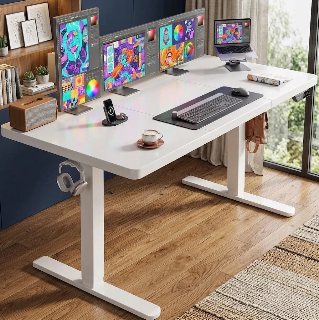 71 X 30 Inch Large Electric Standing Desk, Brushless Motor, White | 30 Inch Deep Desktop, 220 lb Capacity, 4 Memory Presets, Cable Tray, Dual Hooks, Height 27.9–46.5 Inch; Ships In 2 Packages