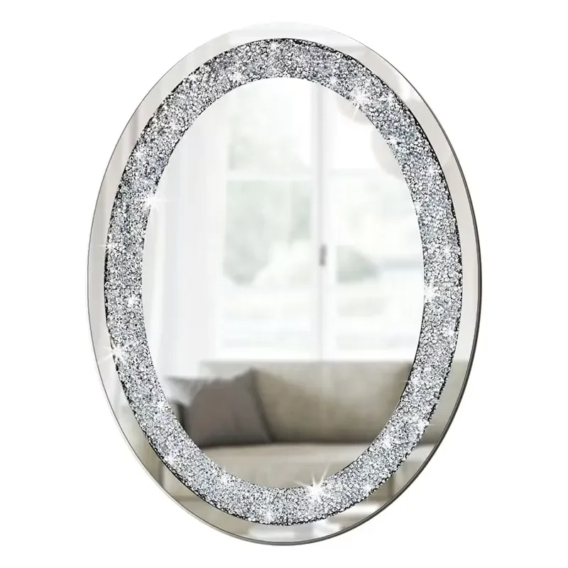 Oval Crystal Diamond Frameless Wall Mirror with LED Light Silver Decorative Glass for Home Room Sparkling Mounted Decoration