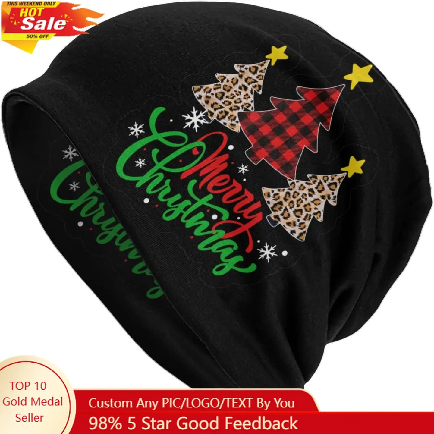 

LAIPUTER Merry Beanie Standard Closed Chemo Hat Cancer Headwear Knitted Hats Baggy Slouchy Cap for Women Men