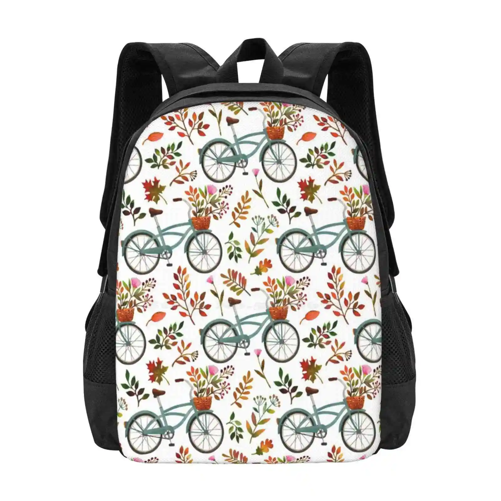 Fundo Branco Bike Ride-On Mochila, mochilas escolares, Viagem Laptop Mochila, Seamless repetitivo, interminável Artístico Padrão Detalhada, Outono